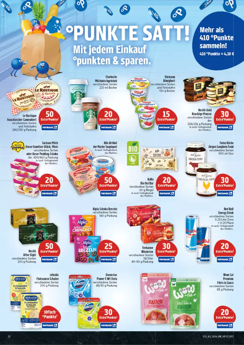 Aktueller Prospekt Marktkauf - Prospekt - von 25.10 bis 31.10.2026 - strona 32 - produkty: after eight, almighur, almighurt, alpia, Becher, bio, brezel, Brezeln, camembert, domestos, drink, ehrmann, energy drink, filet, filets, getränk, Knackige Mousse, küche, Le Rustique, milch, mousse, pudding, red bull, riegel, sac, sauce, saupiquet, Schal, Schale, schoko, starbucks, tee, teekanne, Ti