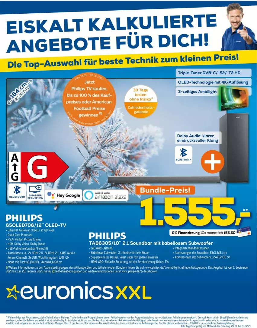 Aktueller Prospekt Euronics - Prospekte - von 26.01 bis 02.02.2022 - strona 1 - produkty: aeg, angebot, angebote, bett, Betten, eis, fernbedienung, fernseher, HDMI, Oled-TV, Philips, soundbar, Subwoofer, Ti, tisch, usb, wandhalterung