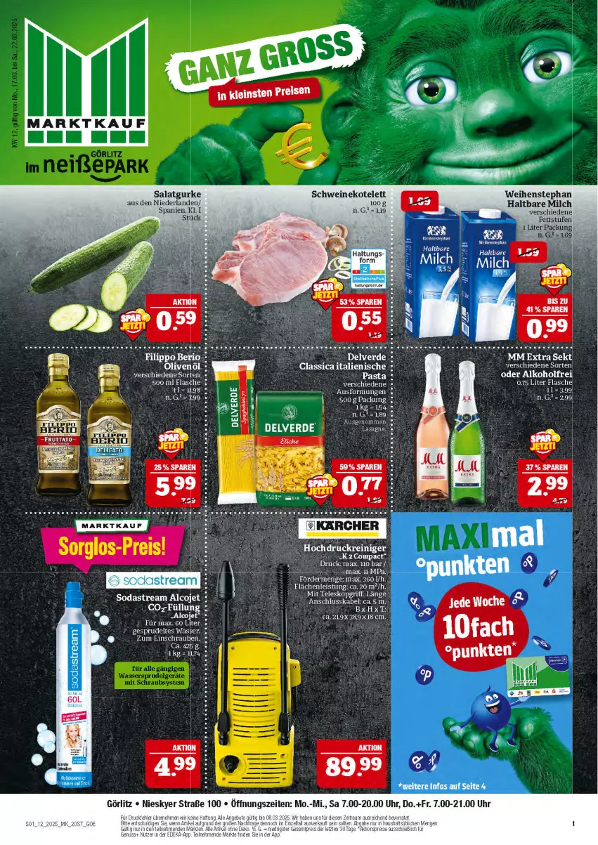 Aktueller Prospekt Marktkauf - Prospekt - von 16.03 bis 22.03.2025 - strona 1 - produkty: alkohol, erde, flasche, gurke, haltbare milch, kotelett, milch, mm extra, reiniger, salat, Salatgurke, schrauben, schwein, schweine, schweinekotelett, sekt, Soda, sodastream, Sprudel, tee, Teleskop, wasser, weihenstephan, wein, weine