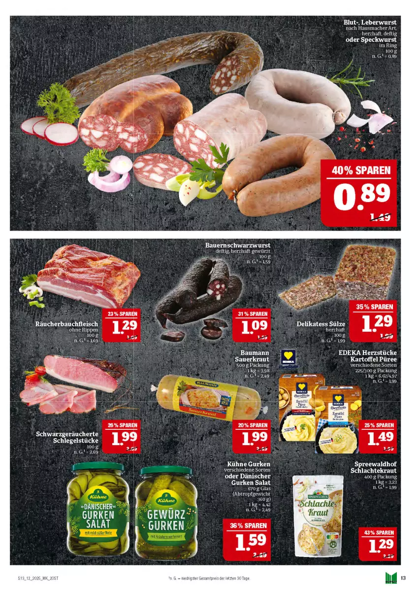 Aktueller Prospekt Marktkauf - Prospekt - von 16.03 bis 22.03.2025 - strona 13 - produkty: auer, Bau, Bauer, deka, eis, fleisch, gewürz, gurke, gurken, Hausmacher, kartoffel, Kraut, leberwurst, LG, mac, püree, reis, rel, salat, Sauerkraut, Schwarzwurst, Speck, spreewaldhof, Ti, wurst, ZTE