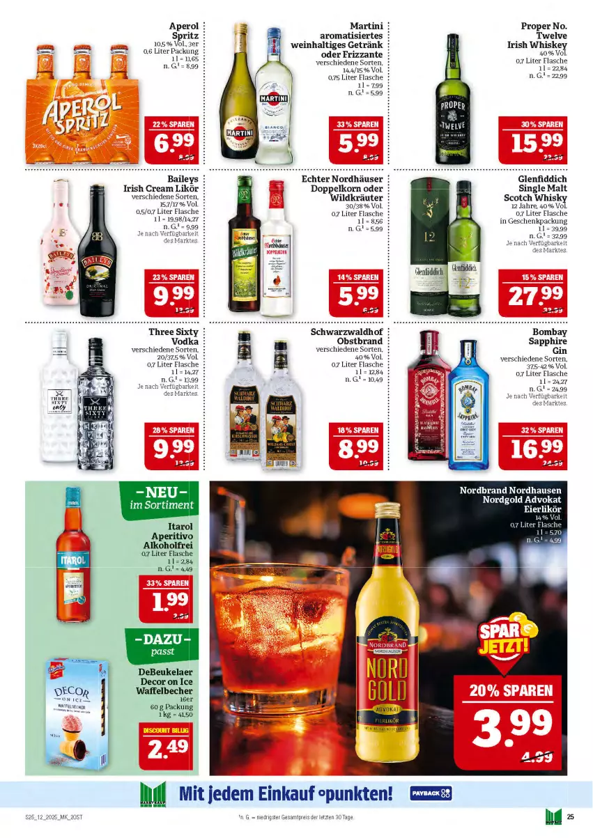 Aktueller Prospekt Marktkauf - Prospekt - von 16.03 bis 22.03.2025 - strona 25 - produkty: alkohol, aperol, baileys, Becher, bombay sapphire, debeukelaer, decor, doppelkorn, eier, eierlikör, eis, flasche, geschenkpackung, getränk, gin, irish cream, irish whiskey, korn, kräuter, likör, martini, nordbrand, obst, Obstbrand, reis, sapphire, scotch, scotch whisky, single malt, Three Sixty, Ti, vodka, wein, whiskey, whisky, Wild, ZTE