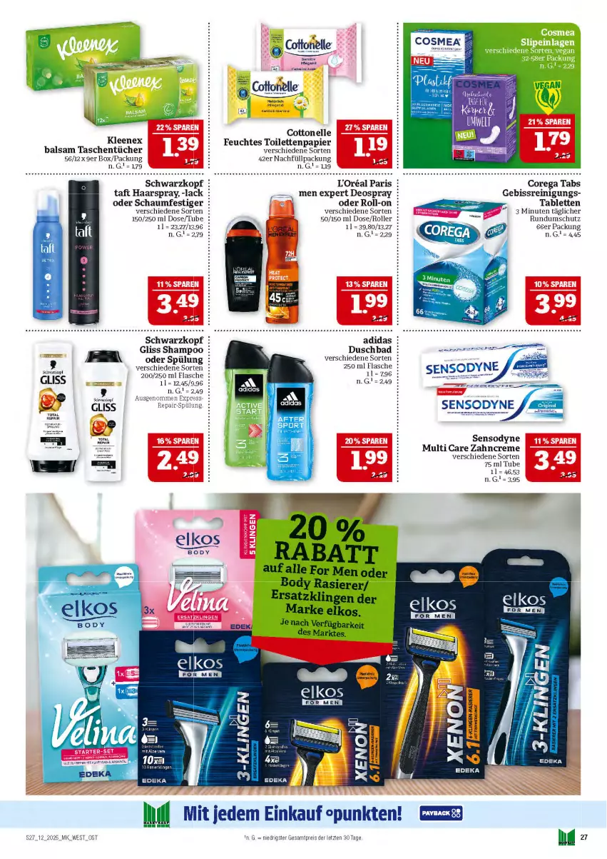 Aktueller Prospekt Marktkauf - Prospekt - von 16.03 bis 22.03.2025 - strona 27 - produkty: Bad, balsam, body, cottonelle, creme, deo, deospray, duschbad, eis, elkos, elle, feuchtes toilettenpapier, flasche, gliss, haarspray, l'oreal, lack, Liege, oder schaumfestiger, papier, rasierer, Reinigung, reis, roll-on, Roller, schaumfestiger, schwarzkop, schwarzkopf, sensodyne, shampoo, spülung, tablet, tablett, Tablette, Tasche, taschen, taschentücher, Ti, toilettenpapier, tücher, zahncreme, ZTE