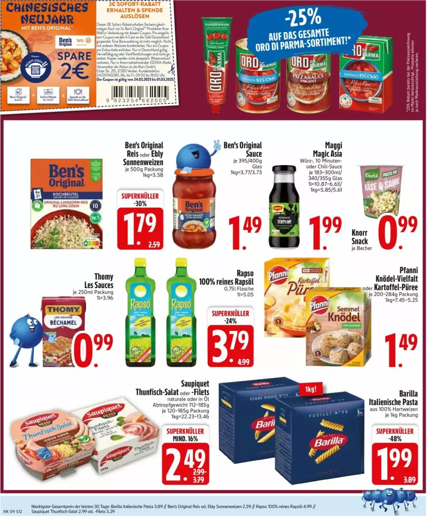 Aktueller Prospekt Edeka - Prospekte - von 24.02 bis 01.03.2025 - strona 12 - produkty: barilla, Becher, chili, deka, dell, eis, filet, filets, fisch, flasche, gin, hartweizen, italienische pasta, kartoffel, Knödel, knorr, maggi, natur, natura, pasta, pfanni, püree, rapso, rapsöl, reines rapsöl, reis, salat, sauce, saupiquet, Semmel, snack, thomy, thunfisch