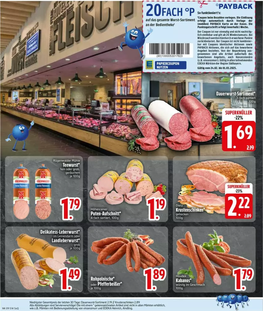 Aktueller Prospekt Edeka - Prospekte - von 24.02 bis 01.03.2025 - strona 14 - produkty: Abtei, angebot, auer, auto, coupon, coupons, deka, eis, erde, HP, kabanos, Krustenschinken, landleberwurst, leberwurst, leine, LG, mac, payback, Rauch, reis, rügenwalder, rügenwalder mühle, schinken, tee, teewurst, Ti, tisch, wurst, ZTE