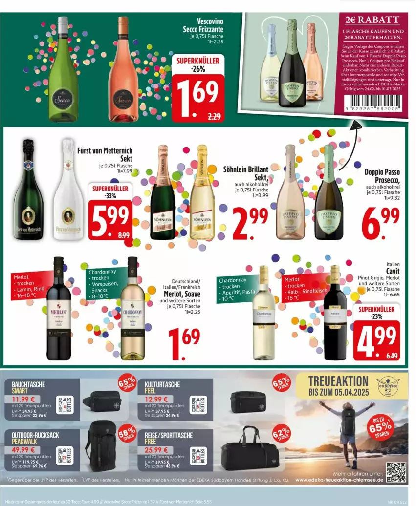 Aktueller Prospekt Edeka - Prospekte - von 24.02 bis 01.03.2025 - strona 23 - produkty: alkohol, dip, doppio passo, ecco, flasche, fürst von metternich, merl, merlot, Mett, metternich, passo, Pinot, pinot grigio, prosecco, sekt, söhnlein, söhnlein brillant, Ti