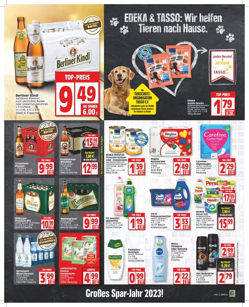 Aktueller Prospekt Edeka - Angebote der Woche - von 05.06 bis 10.06.2023 - strona 17 - produkty: alkohol, alleinfuttermittel, Alwa, arla, axe, berliner, berliner kindl, beutel, bitburger, body, bodyspray, burger, carefree, deka, eier, eis, feinwaschmittel, flasche, geschirr, gin, henkel, küche, Küchen, küchenrolle, Laufen, LG, mineralwasser, natur, natura, nivea, olive, palmolive, persil, pet-flasche, radler, ring, shampoo, slip, slipeinlagen, spülmittel, spülung, Ti, Tiere, vollwaschmittel, waschmittel, wasser, Yo