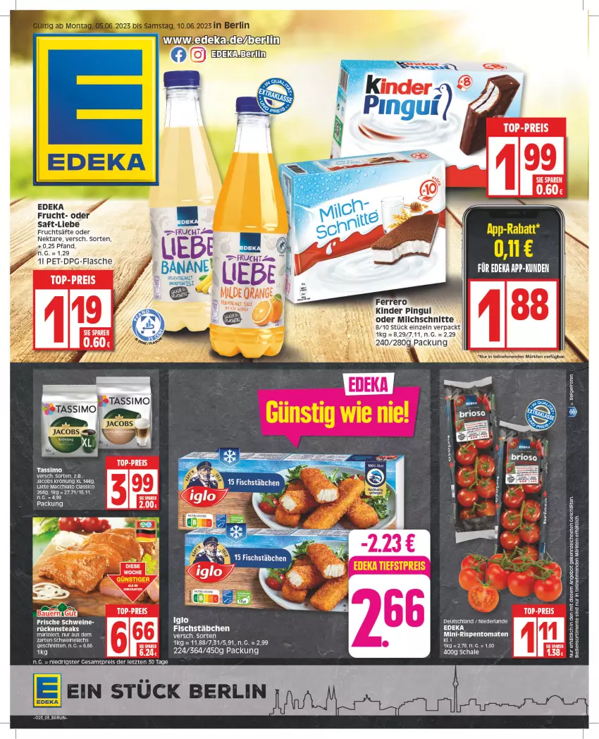 Aktueller Prospekt Edeka - Angebote der Woche - von 05.06 bis 10.06.2023 - strona 3 - produkty: ACC, angebot, chia, classico, deka, eis, ente, fisch, fischstäbchen, flasche, frucht, fruchtsäfte, iglo, jacobs, jacobs krönung, Kinder, kinder pingui, lachs, latte, latte macchiato, mac, macchiato, milch, Milchschnitte, mini-rispentomaten, Nektar, pingui, reis, rispentomaten, saft, säfte, Schal, Schale, schnitten, schwein, schweine, Schweinelachs, sim, tassimo, Ti, tomate, tomaten, wein, weine, ZTE