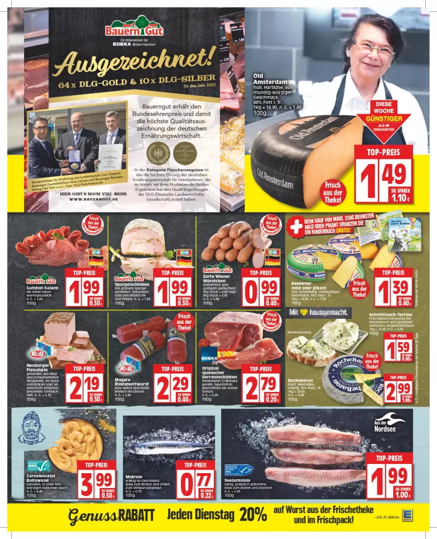 Aktueller Prospekt Edeka - Angebote der Woche - von 05.06 bis 10.06.2023 - strona 7 - produkty: auer, aufschnitt, Bau, Bauer, bauerngut, Beemster, braten, deka, doppelrahmstufe, eis, fleisch, frischkäse, garnelen, geback, gewürz, gin, grill, gsw, hartkäse, ideal zum braten, Käse, lachs, LG, mac, Makrele, Mett, mettwurst, Nordsee, nuss, reis, rel, rind, saft, salami, salat, sauce, schinken, schnitten, schnittkäse, schnittlauch, schwein, schweine, schweinefleisch, serrano, spargel, spargelschinken, Spezi, terrine, Ti, tisch, top-preis, wein, weine, wurst, würstchen