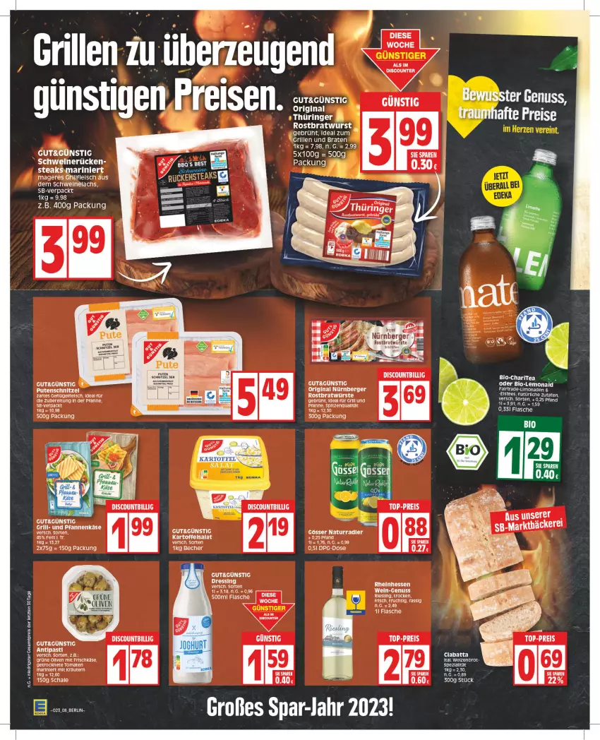 Aktueller Prospekt Edeka - Angebote der Woche - von 05.06 bis 10.06.2023 - strona 8 - produkty: Berger, bio, bratwurst, brot, discount, dressing, eis, elle, flasche, fleisch, frischkäse, frucht, für grill und pfanne, Getrocknete Tomaten, gin, gösser, grill, grill und pfanne, grüne oliven, HP, ideal für grill, ideal für grill und pfanne, Käse, kräuter, kräutern, lachs, limo, limonade, limonaden, natur, nürnberger, nuss, olive, oliven, pfanne, pfannen, pfannenkäse, reis, riesling, rostbratwurst, Schal, Schale, schnitzel, schwein, schweine, Schweinelachs, Spezi, spitzenqualität, steak, steaks, Ti, tomate, tomaten, top-preis, und pfanne, wein, weine, wurst, ZTE