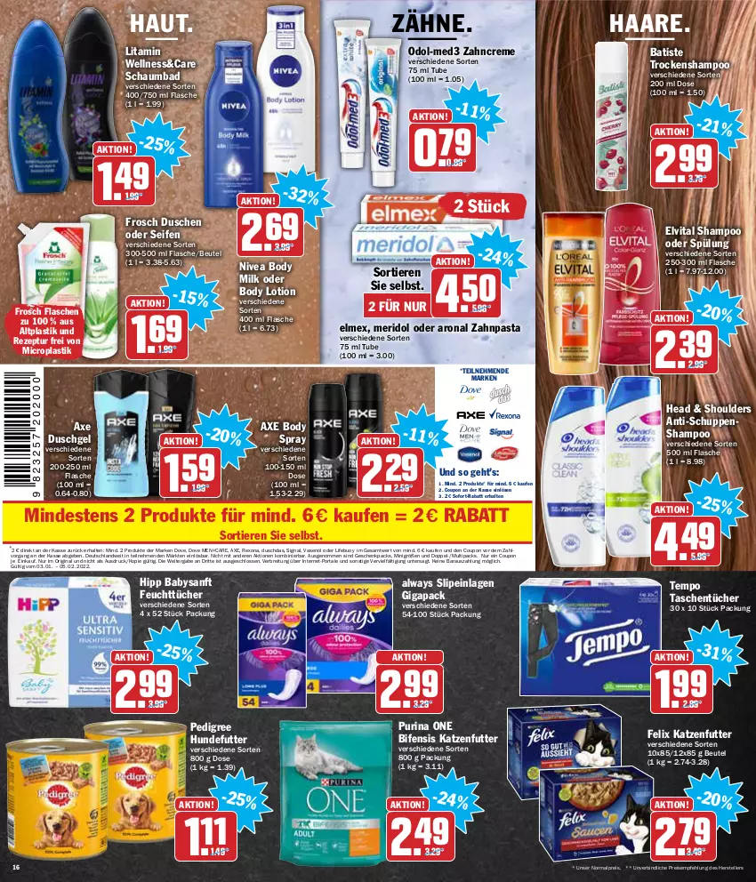 Aktueller Prospekt Aez - Prospekte - von 03.01 bis 08.01.2022 - strona 16 - produkty: Alwa, Always, asti, axe, axe duschgel, Bad, beutel, body, body lotion, body milk, Brei, coupon, creme, dove, duschdas, dusche, duschgel, eis, elle, elmex, elvital, felix, feuchttücher, flasche, Frosch, gin, hipp, katzenfutter, Lotion, meridol, nivea, Odol, pasta, pedigree, purina, reis, rexona, rezept, schaumbad, Seife, shampoo, shampoo oder spülung, Signal, slip, slipeinlagen, sofort-rabatt, spülung, Tasche, taschen, taschentücher, teller, Tempo, Ti, Tiere, Trockenshampoo, tücher, Vase, vita, zahncreme, zahnpasta