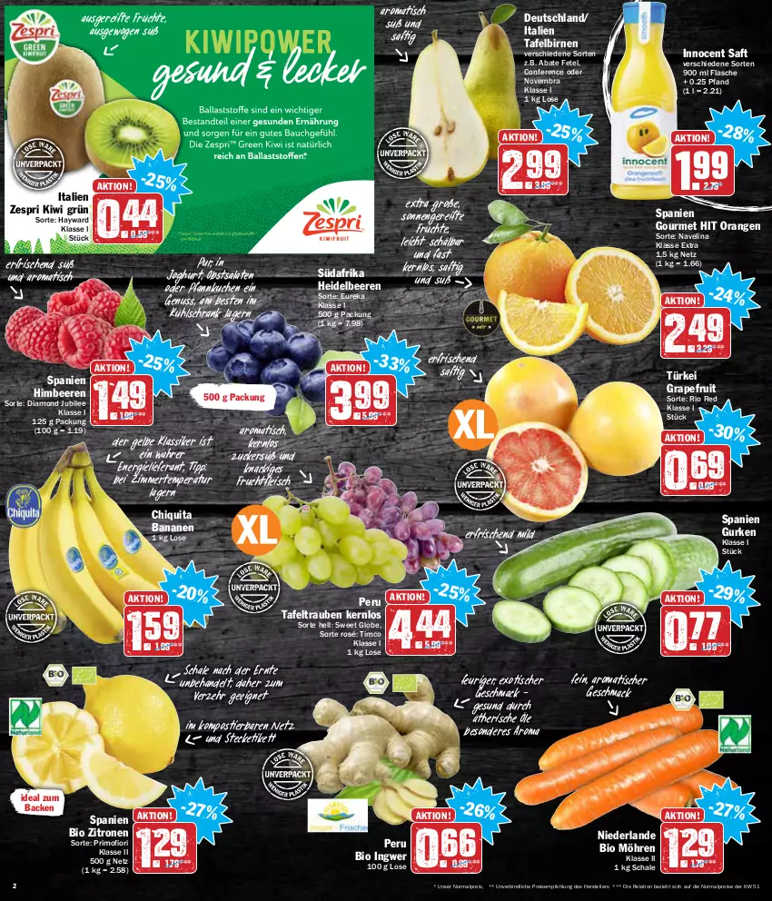 Aktueller Prospekt Aez - Prospekte - von 03.01 bis 08.01.2022 - strona 2 - produkty: banane, bananen, beere, beeren, bio, Birnen, chiquita, eis, elle, flasche, fleisch, frucht, früchte, fruchtfleisch, grapefruit, gurke, gurken, heidelbeere, heidelbeeren, himbeer, himbeere, himbeeren, ingwer, Innocent, joghur, joghurt, kiwi, kuchen, kühlschrank, mac, möhren, navelina, nuss, obst, orange, orangen, Pfannkuchen, reis, rel, saft, salat, salate, Schal, Schale, Schrank, Stier, tafelbirnen, tafeltrauben, teller, Ti, tisch, trauben, zespri, zitrone, zitronen, zucker