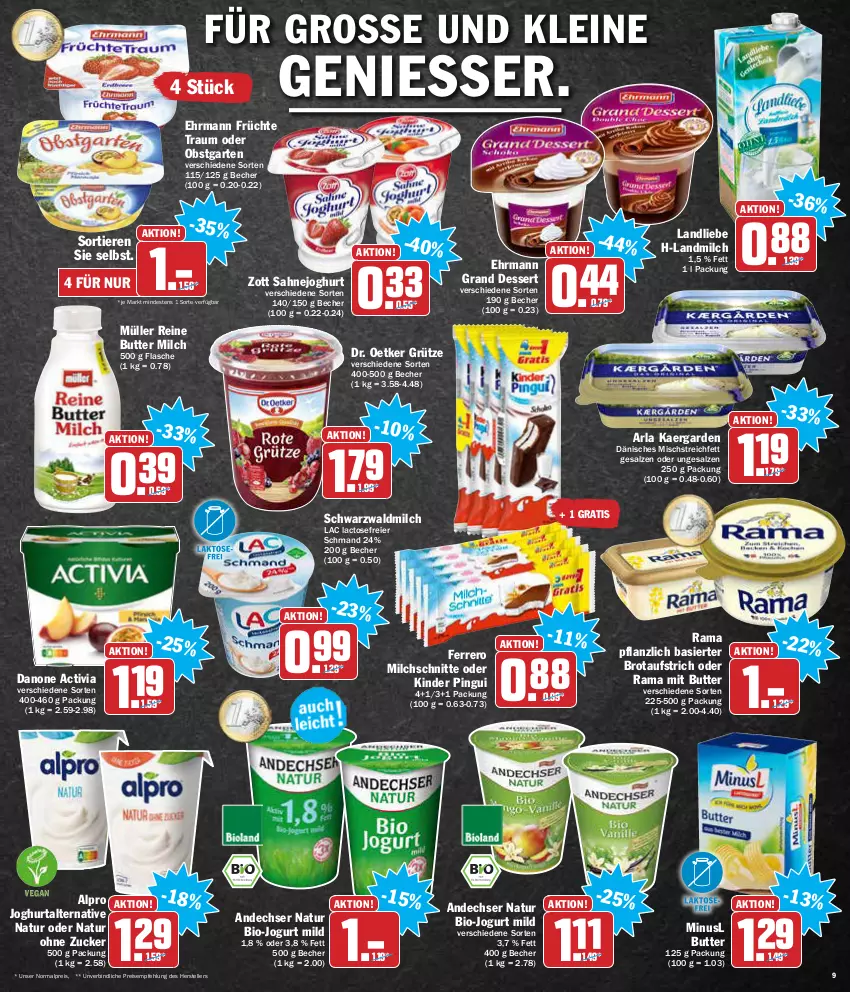 Aktueller Prospekt Aez - Prospekte - von 03.01 bis 08.01.2022 - strona 9 - produkty: activia, alpro, andechser natur, arla, aufstrich, Becher, bio, brot, brotaufstrich, butter, danone, danone activia, dessert, Dr. Oetker, ehrmann, Ehrmann Grand Dessert, eier, eis, elle, ferrero, flasche, früchte, Garten, grütze, joghur, joghurt, jogurt, Kinder, kinder pingui, landliebe, landmilch, leine, milch, Milchschnitte, Müller, natur, obst, obstgarten, pingui, rama, reis, sahne, Sahnejoghurt, salz, schmand, teller, Ti, Tiere, zott, zucker