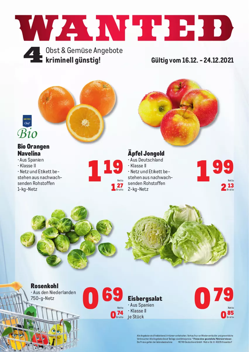 Aktueller Prospekt Metro - Obst & Gemüse Frischepreise - von 16.12 bis 24.12.2021 - strona 1 - produkty: abholpreise, angebot, angebote, bio, brut, eis, eisbergsalat, ilag, Metro, navelina, obst, orange, orangen, Rauch, reis, rosen, Rosenkohl, rwe, salat, Ti