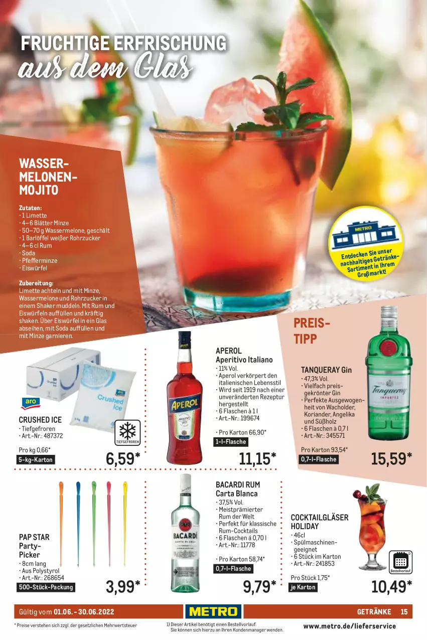 Aktueller Prospekt Metro - Lieferservice aktuell - von 01.06 bis 30.06.2022 - strona 15 - produkty: aperol, bacardi, bacardi rum, cocktail, cocktails, crushed ice, decke, eis, eiswürfel, flasche, frucht, garnier, getränk, getränke, gin, Gläser, Holz, Koriander, LG, lieferservice, limette, Löffel, melone, melonen, Metro, Mett, minze, mojito, pfeffer, pfefferminze, reis, rezept, Ria, rohrzucker, rum, rwe, shake, Soda, spülmaschinen, Tanqueray, Ti, wasser, wassermelone, wassermelonen, würfel, zucker