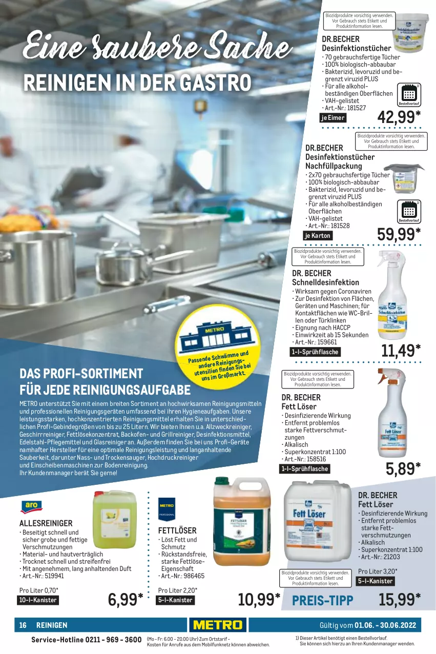 Aktueller Prospekt Metro - Lieferservice aktuell - von 01.06 bis 30.06.2022 - strona 16 - produkty: Abba, ACC, alkohol, allzweckreiniger, backofen, Bau, Becher, bio, Brei, Brille, corona, Desinfektion, Dr.Becher, edelstahl, eimer, eis, elle, erde, Fettlöser, flasche, geschirr, Glasreiniger, grill, Grillreiniger, hochdruckreiniger, Metro, Ofen, Rauch, reifen, reiniger, Reinigung, Reinigungsmittel, reis, Ria, sac, sprühflasche, teller, Ti, Trockensauger, tücher, uhr, weck