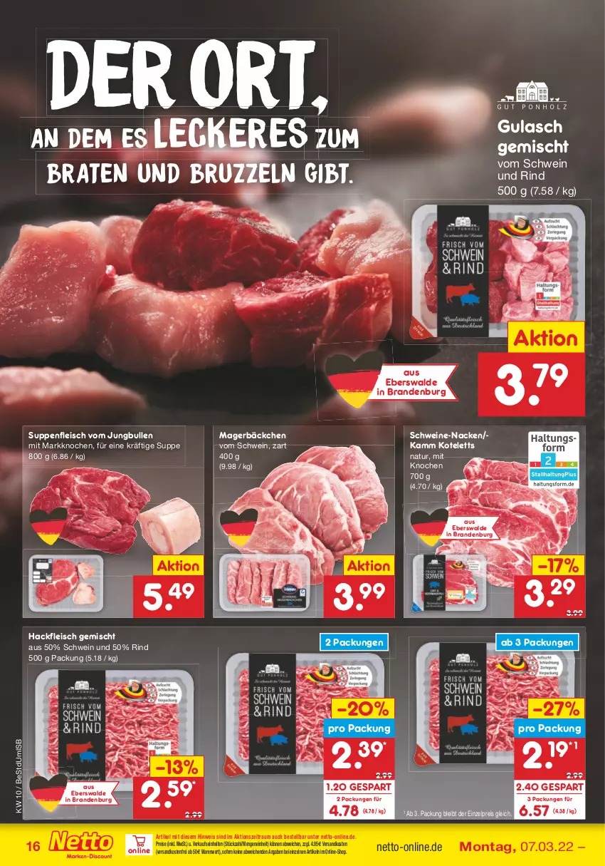 Aktueller Prospekt Netto Marken-Discount - Filial-Angebote - von 07.03 bis 12.03.2022 - strona 16 - produkty: braten, eis, fleisch, gulasch, hackfleisch, hackfleisch gemischt, jungbullen, kotelett, natur, ndk, reis, rind, schwein, schwein und rind, schweine, suppe, suppen, suppenfleisch, Ti, versandkostenfrei, vom schwein und rind, wein, weine