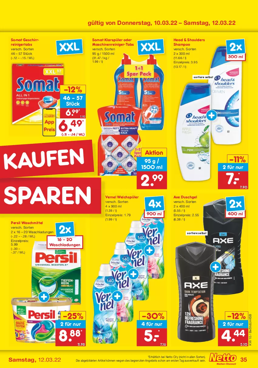 Aktueller Prospekt Netto Marken-Discount - Filial-Angebote - von 07.03 bis 12.03.2022 - strona 35 - produkty: angebot, axe, axe duschgel, duschgel, eis, geschirr, klarspüler, maschinenreiniger, persil, persil waschmittel, reiniger, reis, shampoo, somat, Ti, Tiere, vernel, waschmittel, weichspüler, ZTE