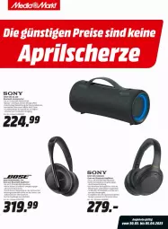 Gazetka promocyjna Media Markt - Prospekte - Gazetka - ważna od 05.04 do 05.04.2023 - strona 1 - produkty: akku, alexa, amazon alexa, angebot, angebote, auer, auto, beleuchtung, Bose, bügel, edelstahl, eis, ente, kopfhörer, lautsprecher, Muscheln, sony, Ti, tisch, usb, wasser