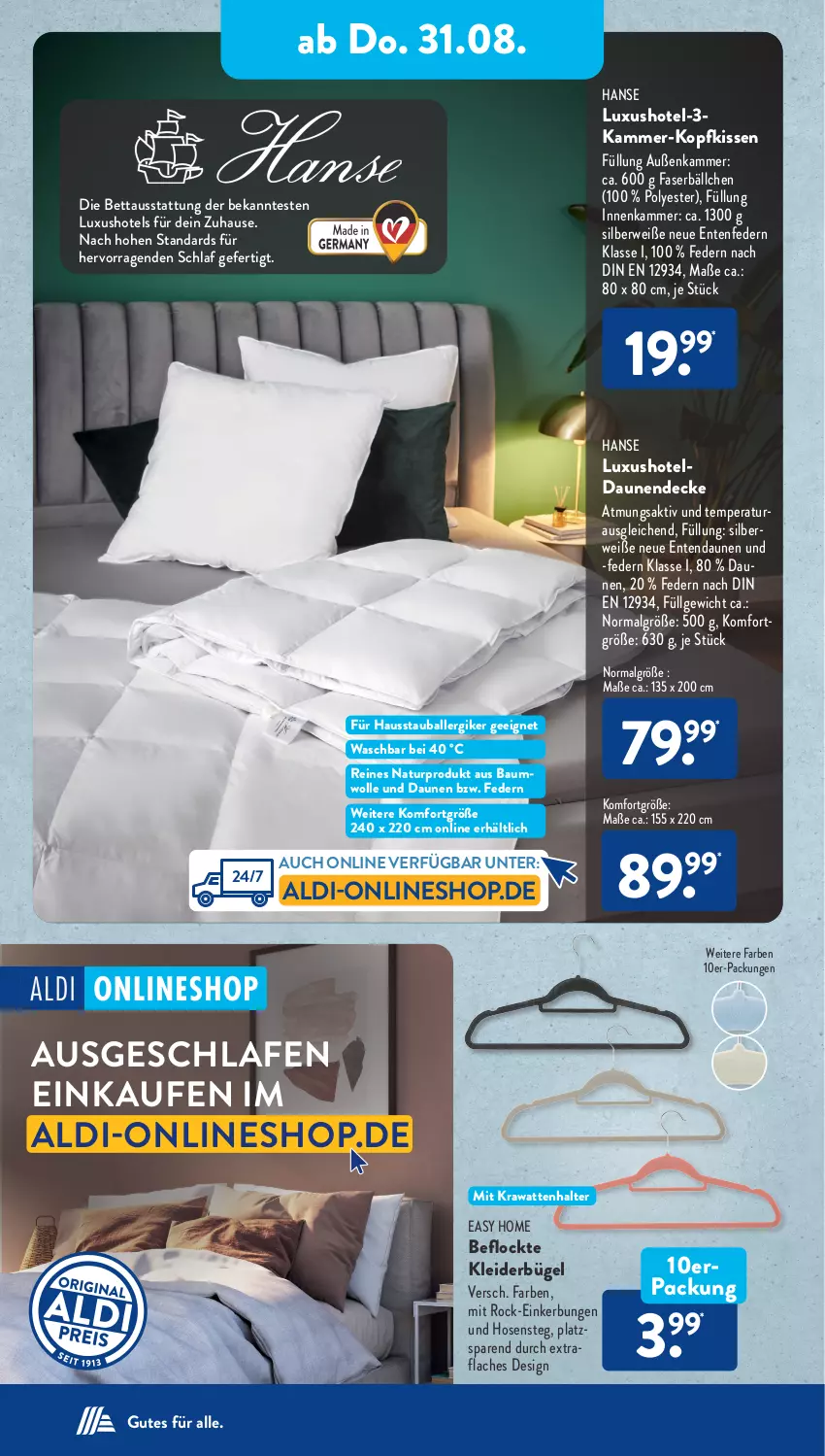 Aktueller Prospekt AldiSud - NÄCHSTE WOCHE - von 28.08 bis 02.09.2023 - strona 19 - produkty: aldi, ball, Bau, baumwolle, bett, bügel, decke, ente, hose, hosen, kissen, kleid, kleider, kleiderbügel, kopfkissen, LG, natur, rwe, Ti, wolle