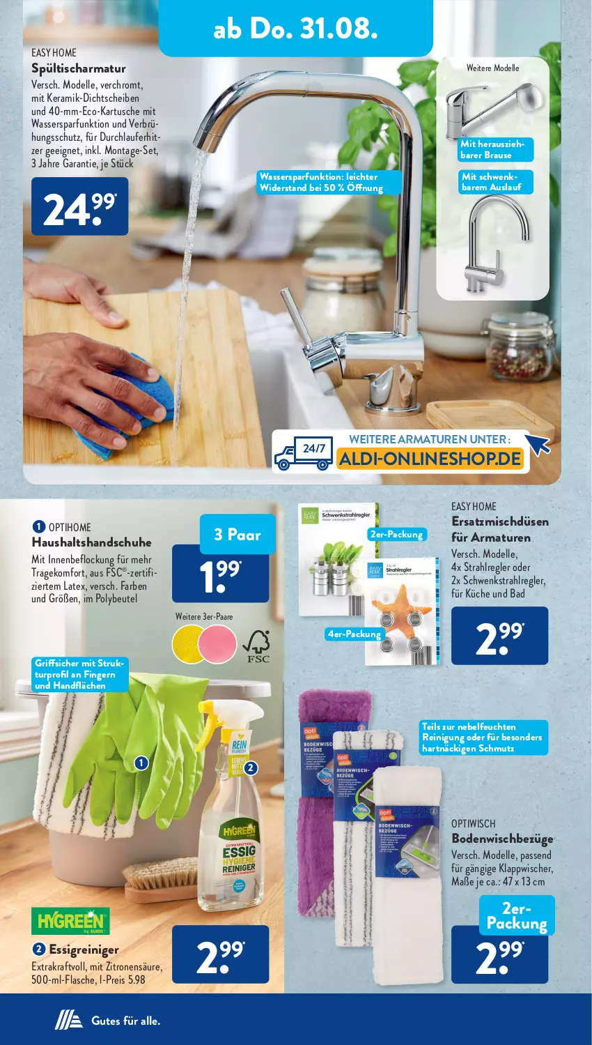 Aktueller Prospekt AldiSud - NÄCHSTE WOCHE - von 28.08 bis 02.09.2023 - strona 23 - produkty: aldi, armatur, armaturen, Bad, beutel, Bodenwischbezüge, brause, dell, eis, elle, essig, flasche, handschuhe, kraft, küche, Mode, Optiwisch, reiniger, Reinigung, reis, schuhe, Spültischarmatur, Ti, tisch, wasser, zitrone, zitronen