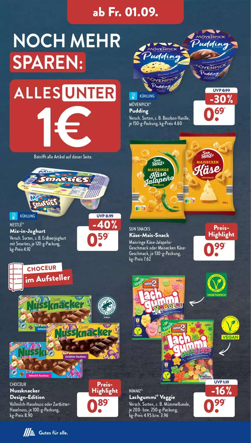 Aktueller Prospekt AldiSud - NÄCHSTE WOCHE - von 28.08 bis 02.09.2023 - strona 26 - produkty: bourbon, eis, elle, haselnuss, jalapeño, joghur, joghurt, Käse, knacker, lachgummi, mac, mais, milch, mövenpick, nestlé, nimm2, nuss, Nussknacker, pudding, reis, ring, smarties, snack, snacks, Sun Snacks, teller, Ti, vanille, veggie, vollmilch