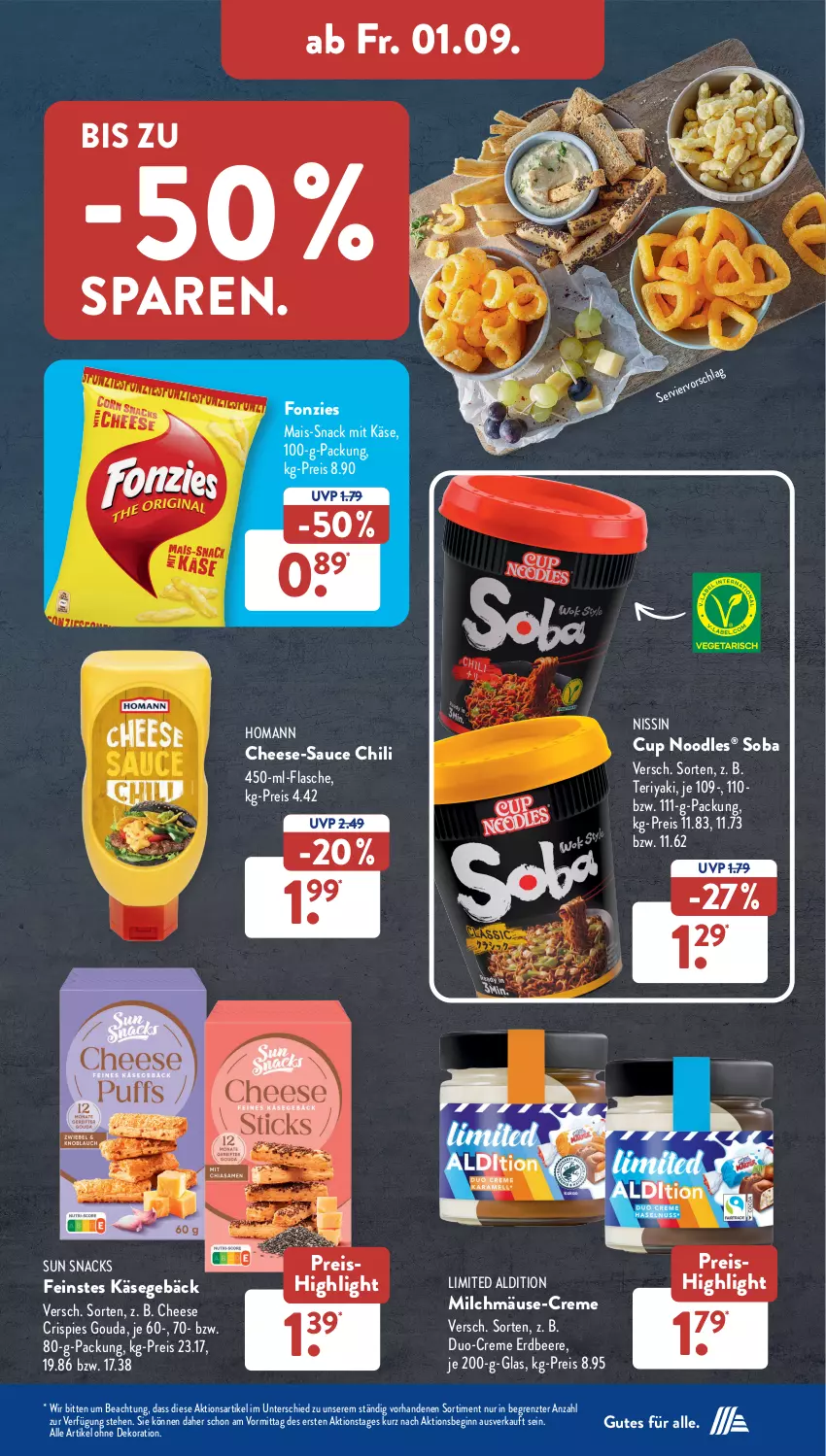 Aktueller Prospekt AldiSud - NÄCHSTE WOCHE - von 28.08 bis 02.09.2023 - strona 27 - produkty: aldi, alle artikel ohne dekoration, beere, chili, creme, dekoration, eis, erdbeere, flasche, gin, gouda, homann, Käse, mais, milch, Nissin, reis, sauce, snack, snacks, Sun Snacks, Ti, ZTE