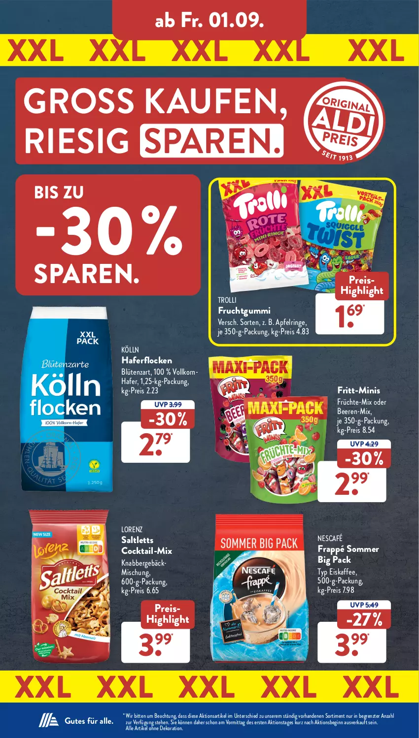 Aktueller Prospekt AldiSud - NÄCHSTE WOCHE - von 28.08 bis 02.09.2023 - strona 28 - produkty: alle artikel ohne dekoration, apfel, beere, beeren, Blüte, cocktail, dekoration, eis, eiskaffee, frappé, frucht, früchte, fruchtgummi, gebäckmischung, gin, hafer, haferflocken, kaffee, kölln, korn, lorenz, Nescafé, reis, ring, saltletts, Ti, trolli, trolli fruchtgummi, ZTE