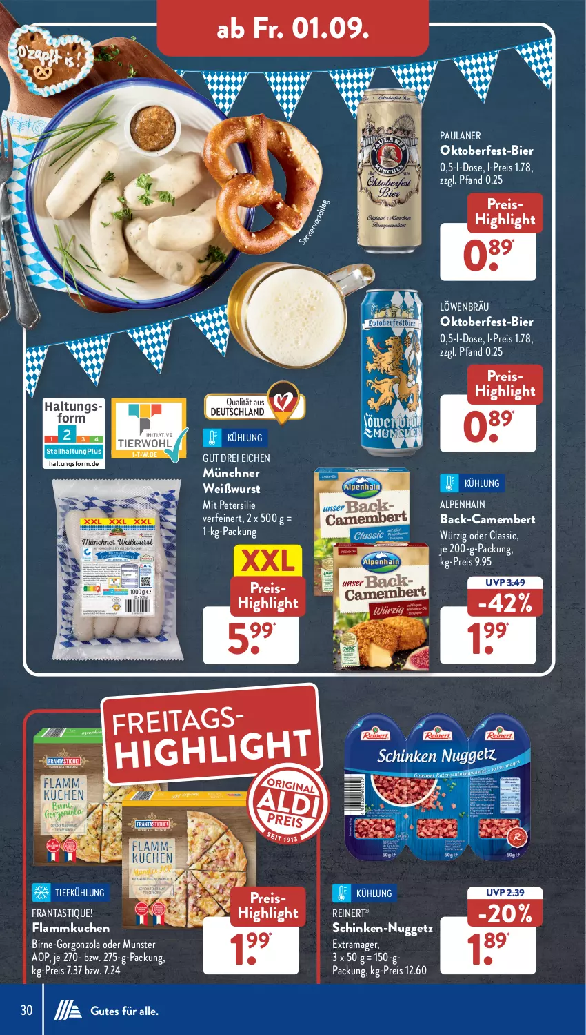 Aktueller Prospekt AldiSud - NÄCHSTE WOCHE - von 28.08 bis 02.09.2023 - strona 30 - produkty: Alpenhain, asti, bier, camembert, eis, flammkuchen, gorgonzola, kuchen, lamm, Paula, paulaner, petersilie, rama, reinert, reis, schinken, Ti, Weißwurst, wurst