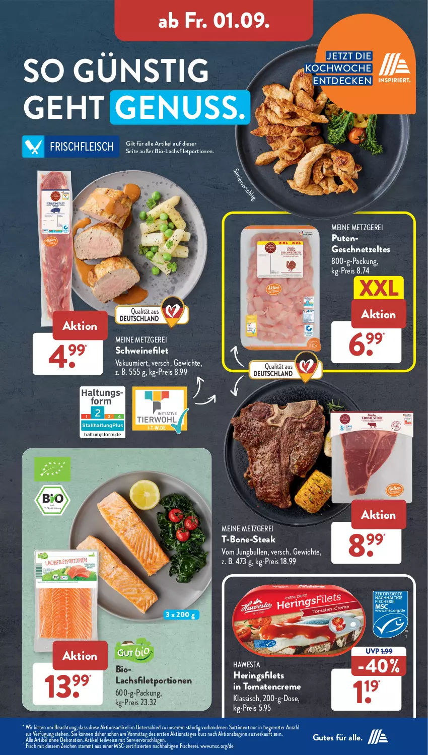 Aktueller Prospekt AldiSud - NÄCHSTE WOCHE - von 28.08 bis 02.09.2023 - strona 31 - produkty: alle artikel ohne dekoration, bio, creme, decke, dekoration, eis, filet, filets, fisch, fische, Fischer, fleisch, geschnetzeltes, gin, hawesta, hering, Herings, heringsfilets, jungbullen, lachs, lachsfilet, nuss, pute, Putengeschnetzeltes, reis, ring, Schere, schwein, schweine, schweinefilet, steak, Ti, tomate, tomaten, wein, weine, Zelt, ZTE