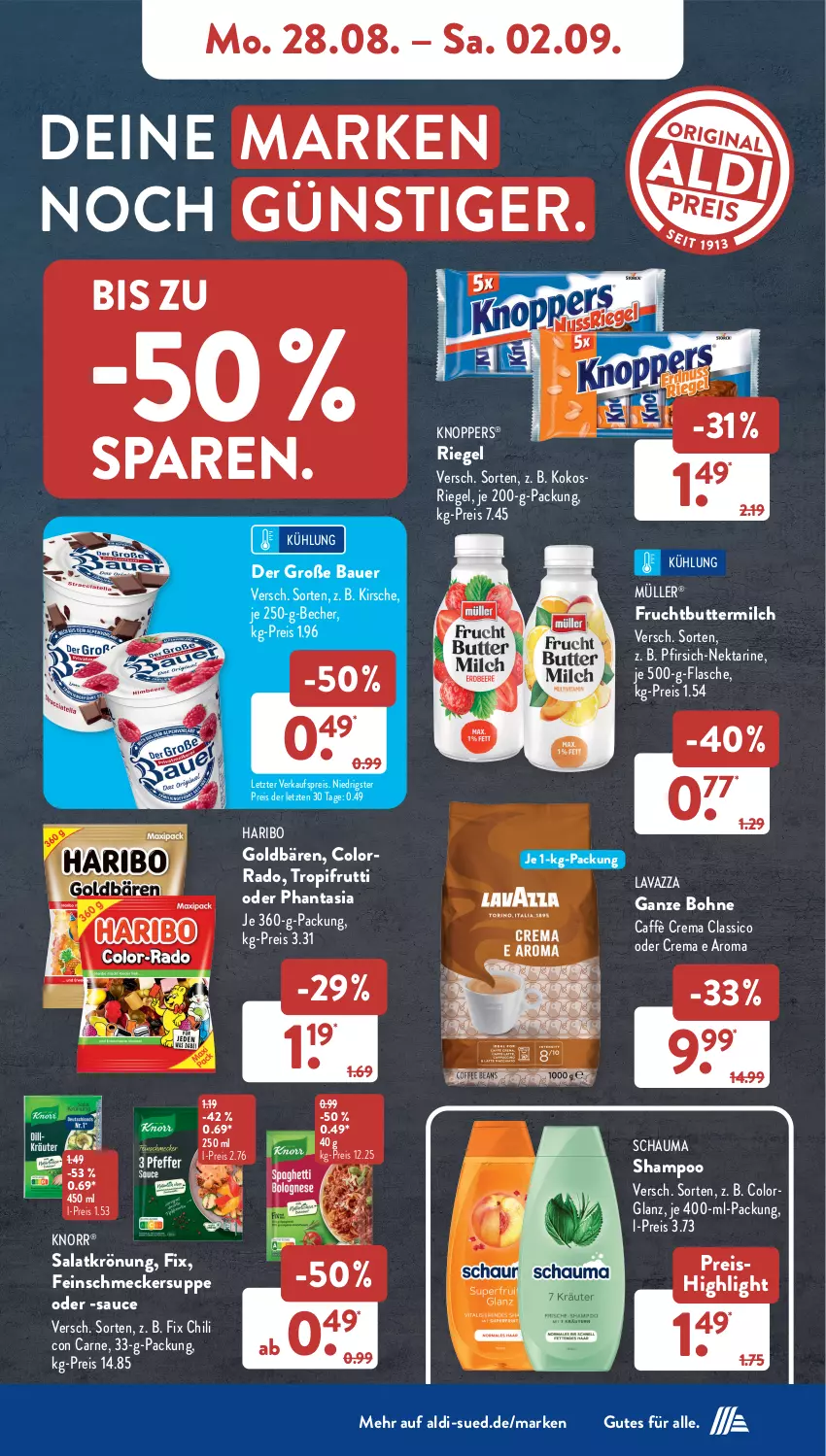 Aktueller Prospekt AldiSud - NÄCHSTE WOCHE - von 28.08 bis 02.09.2023 - strona 7 - produkty: aldi, auer, Bau, Bauer, Becher, bohne, butter, buttermilch, caffè crema, chili, classico, eis, feinschmecker, flasche, frucht, goldbären, haribo, kirsch, kirsche, knoppers, knorr, kokos, lavazza, milch, Müller, Nektar, pfirsich, reis, riegel, salat, salatkrönung, sauce, schauma, schauma shampoo, shampoo, suppe, Ti, ZTE