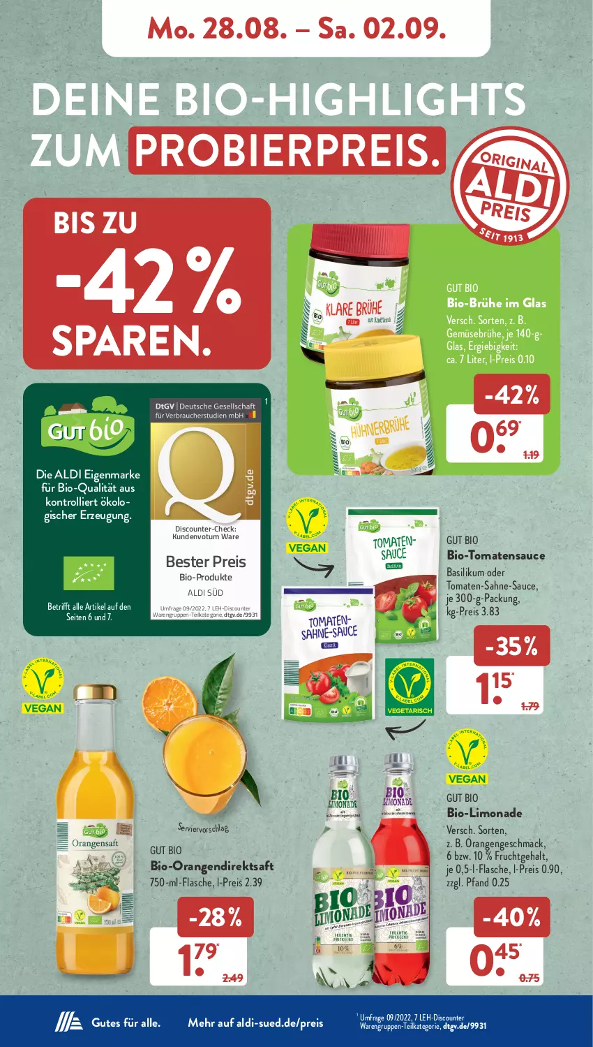 Aktueller Prospekt AldiSud - NÄCHSTE WOCHE - von 28.08 bis 02.09.2023 - strona 8 - produkty: aldi, basilikum, bier, bio, Brühe, direktsaft, discount, eis, flasche, frucht, Gemüsebrühe, limo, limonade, mac, orange, orangen, reis, saft, sahne, sauce, Ti, tomate, tomaten, tomatensauce, trolli