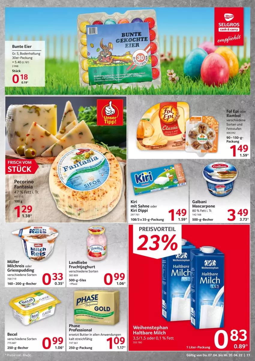 Aktueller Prospekt Selgros - Food - von 07.04 bis 20.04.2022 - strona 11 - produkty: becel, Becher, butter, dip, eier, eis, fanta, fol epi, frucht, fruchtjoghurt, galbani, haltbare milch, joghur, joghurt, kiri, landliebe, LG, mascarpone, milch, milchreis, Müller, Pecorino, preisvorteil, pudding, reis, sahne, weihenstephan