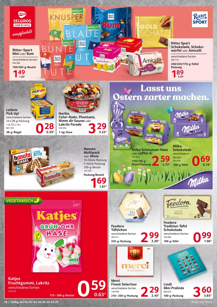 Aktueller Prospekt Selgros - Food - von 07.04 bis 20.04.2022 - strona 16 - produkty: amicelli, beutel, hanuta, Lakritz, leibniz, lindt, merci, oder lakritz, Pick Up!, riegel, ritter, ritter sport, rum, schoko, schokolade, Sport, Ti, würfel