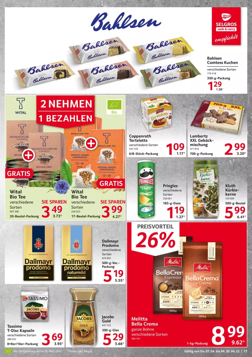 Aktueller Prospekt Selgros - Food - von 07.04 bis 20.04.2022 - strona 17 - produkty: Amber, asti, bahlsen, beutel, bio, comtess, comtess kuchen, coppenrath, dallmayr, dallmayr prodomo, eis, gin, ginger, jacobs, kuchen, Kürbis, lambertz, preisvorteil, prodomo, reis, sim, tassimo, tee, Ti, torte