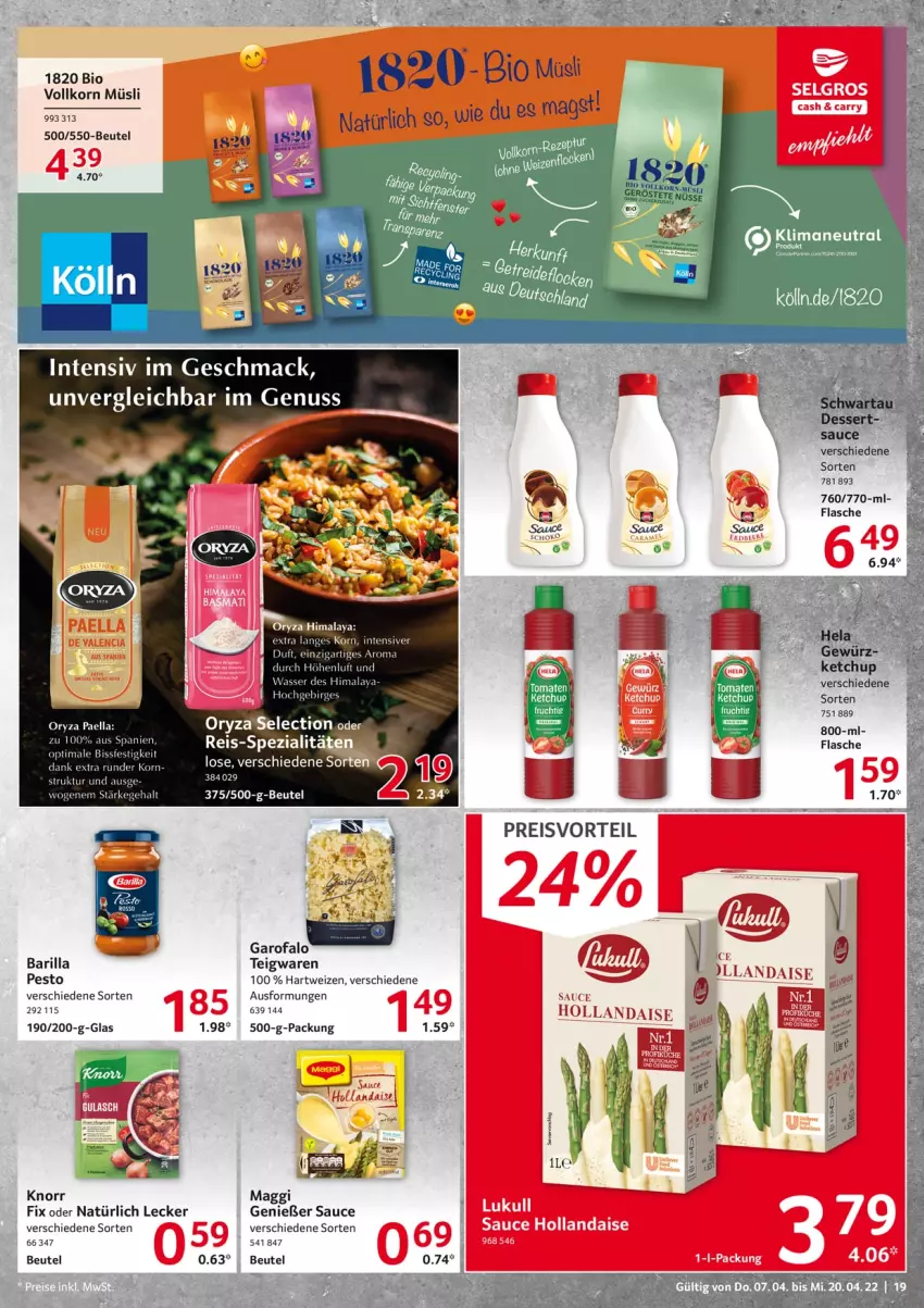 Aktueller Prospekt Selgros - Food - von 07.04 bis 20.04.2022 - strona 19 - produkty: barilla, beutel, bio, eis, flasche, hartweizen, knorr, knorr fix, kölln, korn, mac, maggi, müsli, nuss, oryza, paella, pesto, reis, sauce, Spezi, teigwaren, Ti, wasser