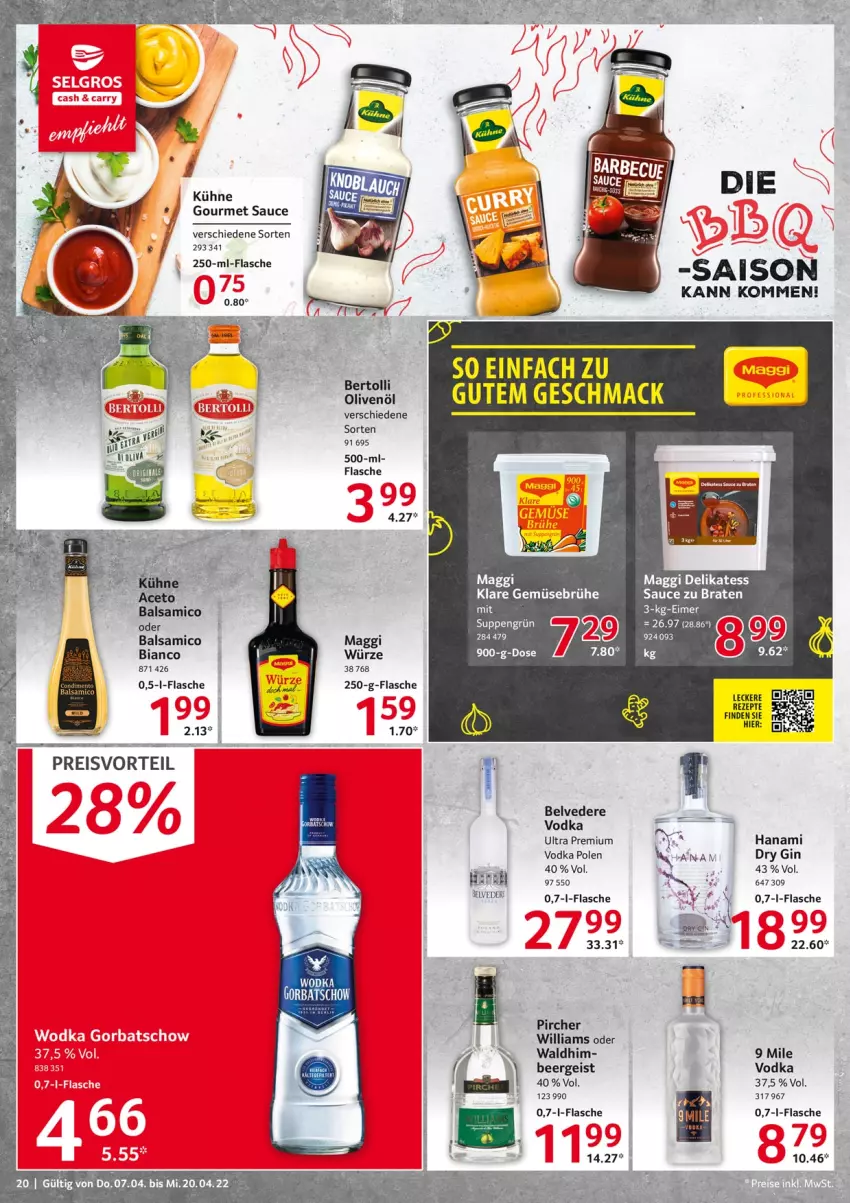 Aktueller Prospekt Selgros - Food - von 07.04 bis 20.04.2022 - strona 20 - produkty: balsam, balsamico, bertolli, braten, Brühe, delikatess sauce, dry gin, eis, ente, flasche, Gemüsebrühe, gin, Kühne, mac, maggi, olive, oliven, olivenöl, pircher, preisvorteil, reis, rezept, rezepte, sauce, suppe, suppen, vodka