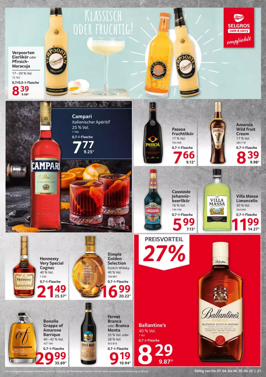 Aktueller Prospekt Selgros - Food - von 07.04 bis 20.04.2022 - strona 21 - produkty: amaro, campari, cassis, Cognac, eier, eierlikör, eis, Fernet, flasche, frucht, grappa, LG, likör, limo, maracuja, passo, pfirsich, preisvorteil, reis, scotch, scotch whisky, Ti, verpoorten, whisky, Wild