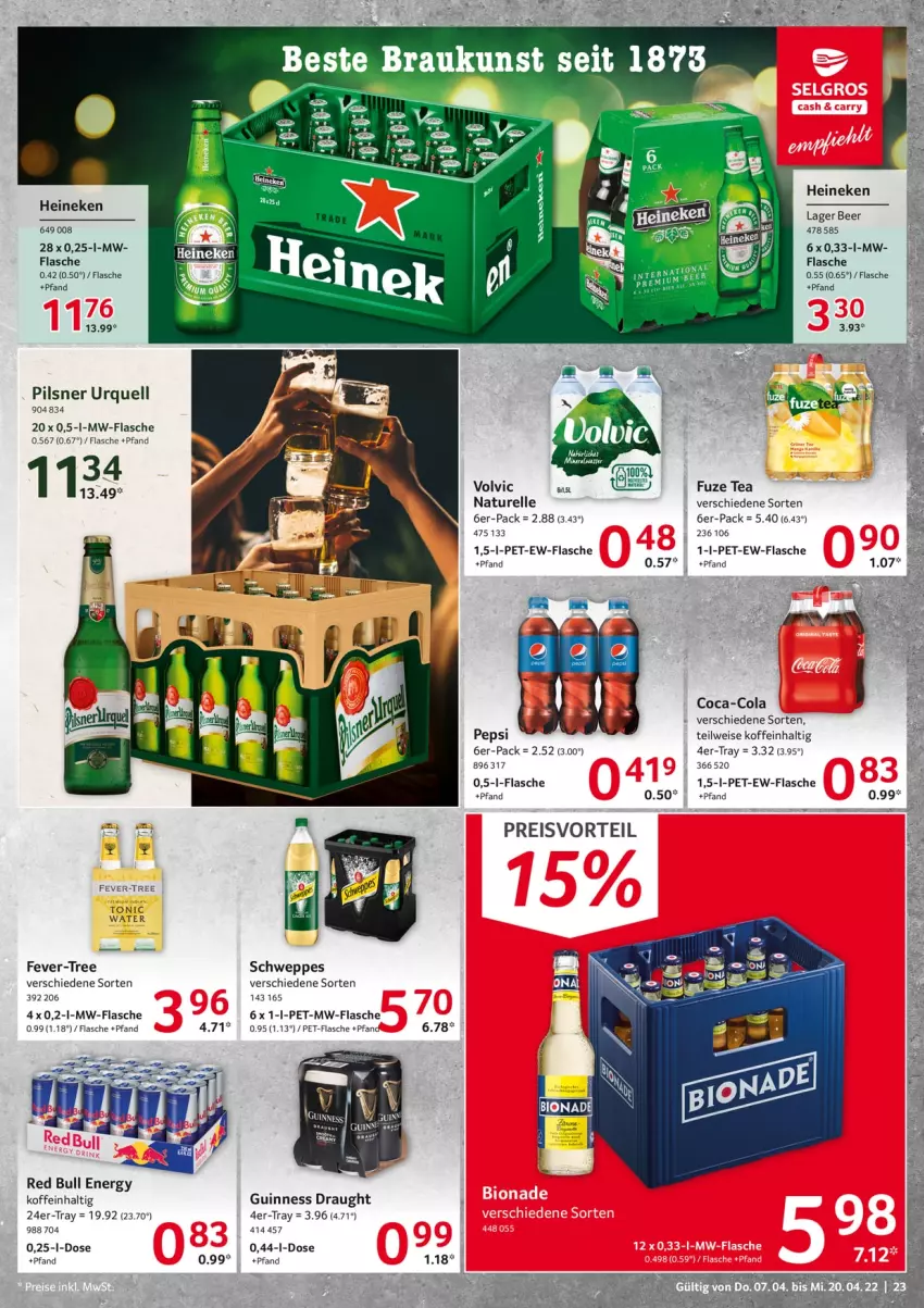 Aktueller Prospekt Selgros - Food - von 07.04 bis 20.04.2022 - strona 23 - produkty: coca-cola, cola, eis, elle, fever-tree, flasche, fuze tea, Guinness, heineken, mw-flasche, natur, pepsi, pet-flasche, pils, pilsner, pilsner urquell, preisvorteil, Puppe, red bull, reis, rel, schweppes, Ti, tonic, tonic water, volvic, Yo