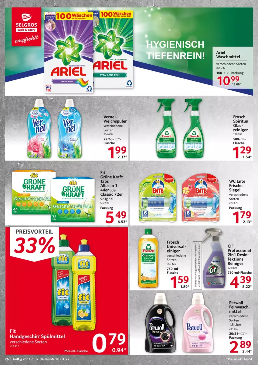 Aktueller Prospekt Selgros - Food - von 07.04 bis 20.04.2022 - strona 26 - produkty: ariel, ariel waschmittel, eis, ente, flasche, Frosch, geschirr, kraft, LG, orange, orangen, perwoll, preisvorteil, reiniger, reis, spiritus, spülmittel, tender, Ti, vernel, vollwaschmittel, waschmittel, wc ente, weichspüler