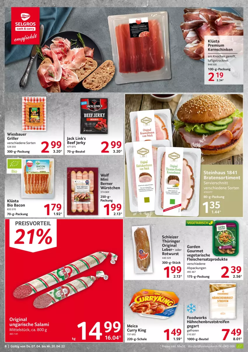 Aktueller Prospekt Selgros - Food - von 07.04 bis 20.04.2022 - strona 8 - produkty: bacon, beef, beutel, bio, braten, curry, eis, fleisch, gin, hähnchenbrust, honig, kernschinken, krustenbraten, Kürbis, meica, preisvorteil, reifen, reis, ring, Schal, Schale, schinken, Vegeta, wurst, würstchen