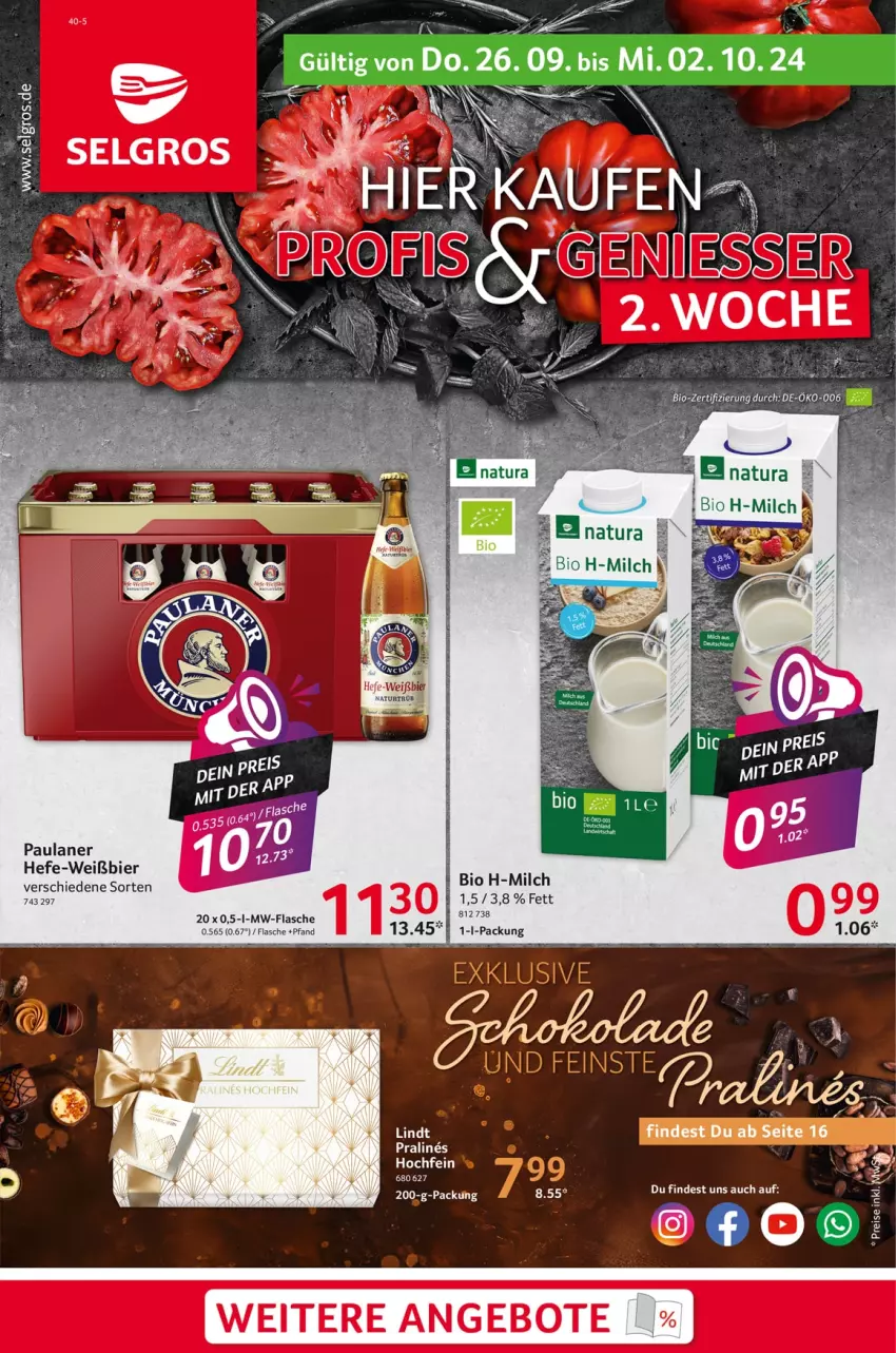 Aktueller Prospekt Selgros - Food - von 26.09 bis 02.10.2024 - strona 1 - produkty: angebot, angebote, bier, bio, flasche, Hefe, LG, lindt, milch, mw-flasche, Paula, paulaner, rel