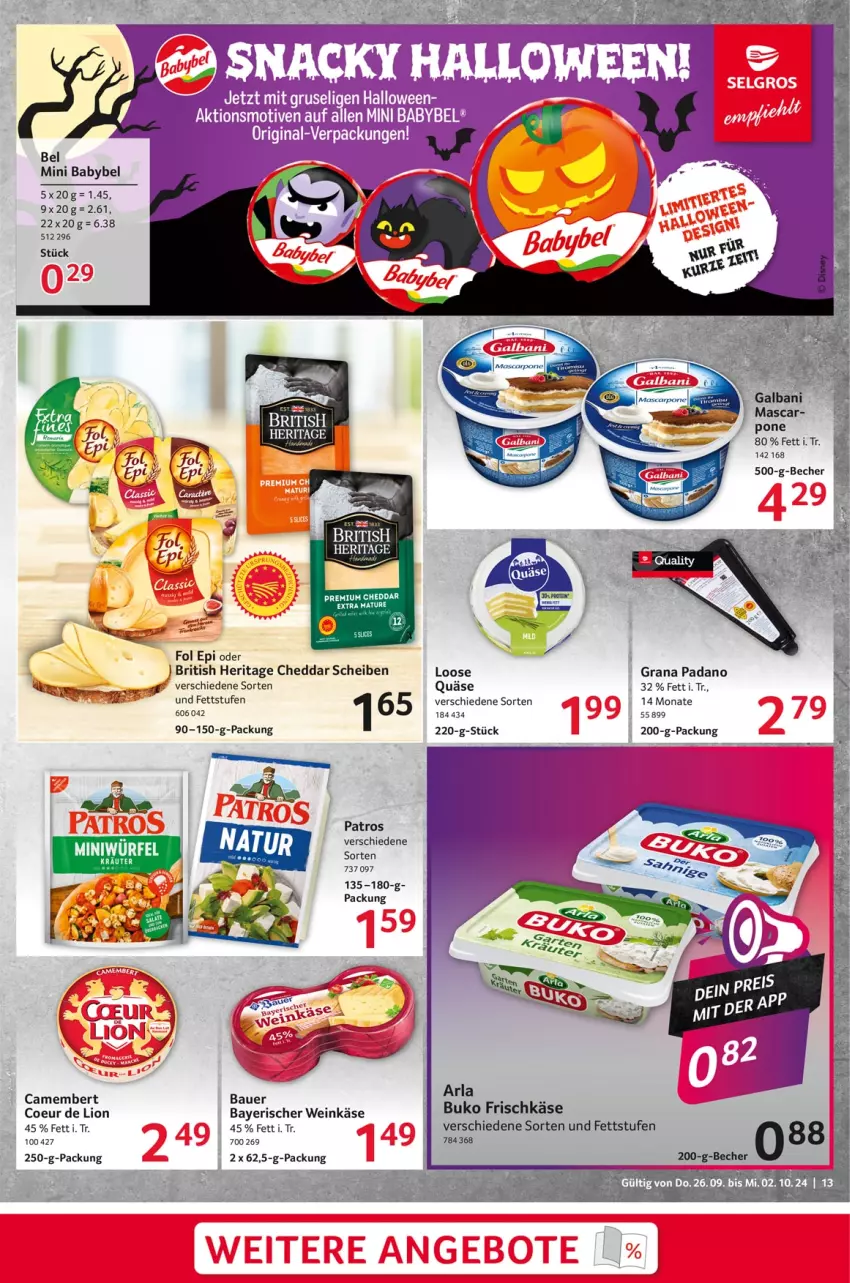 Aktueller Prospekt Selgros - Food - von 26.09 bis 02.10.2024 - strona 13 - produkty: arla, auer, babybel, Bau, Bauer, Becher, Buko, camembert, cheddar, fisch, fol epi, gin, grana, grana padano, Käse, lion, Loose, mini babybel, padano, patros, quäse, Rana, Ti, wein, Weinkäse