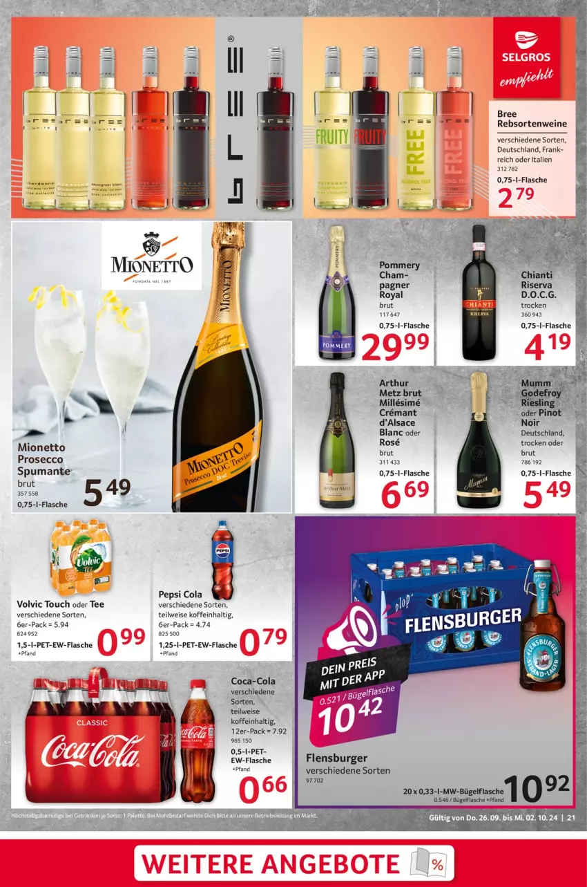 Aktueller Prospekt Selgros - Food - von 26.09 bis 02.10.2024 - strona 21 - produkty: brut, bügel, bügelflasche, burger, chia, chianti, coca-cola, cola, ecco, eis, flasche, flensburger, pepsi, Pepsi Cola, prosecco, puma, rebsortenweine, riserva, sac, sim, spumante, tee, Ti, volvic, wein, weine