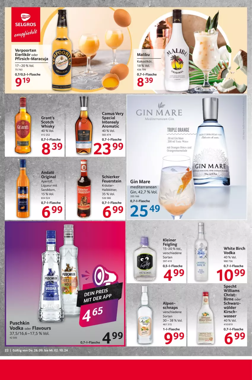 Aktueller Prospekt Selgros - Food - von 26.09 bis 02.10.2024 - strona 22 - produkty: aperitif, Bose, Camus, eier, eierlikör, flasche, gin, gin mare, kirsch, kleiner feigling, kokos, kräuter, leine, likör, liqueur, Malibu, maracuja, olive, pfirsich, puschkin vodka, sanddorn, scotch, scotch whisky, specht, Ti, verpoorten, vodka, wasser, whisky