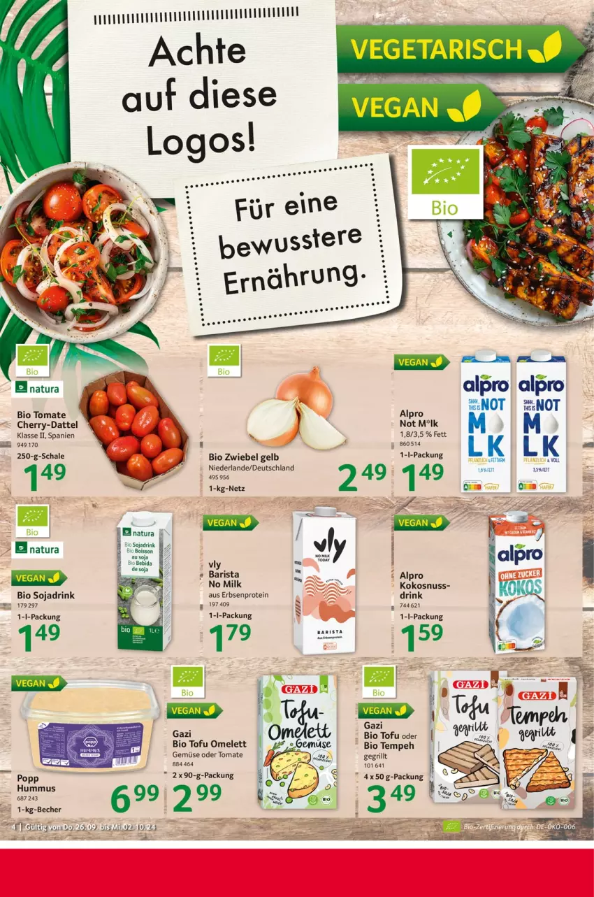 Aktueller Prospekt Selgros - Food - von 26.09 bis 02.10.2024 - strona 4 - produkty: alpro, Becher, bio, drink, erbsen, grill, kokos, kokosnuss, natur, natura, nuss, Popp, Schal, Schale, soja, Sojadrink, Tofu, tomate, zwiebel