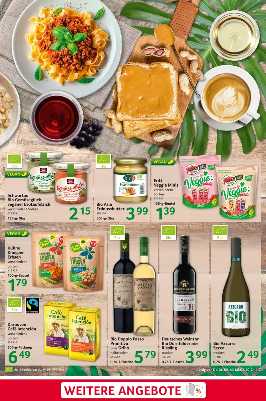 Aktueller Prospekt Selgros - Food - von 26.09 bis 02.10.2024 - strona 7 - produkty: aufstrich, beutel, bio, bio gemüse, brot, brotaufstrich, butter, darbo, darboven, doppio passo, dornfelder, ecco, erbsen, flasche, grill, grillo, Kühne, LG, passo, peanut butter, primitivo, riesling, Schwartau, Ti, veggie, wein