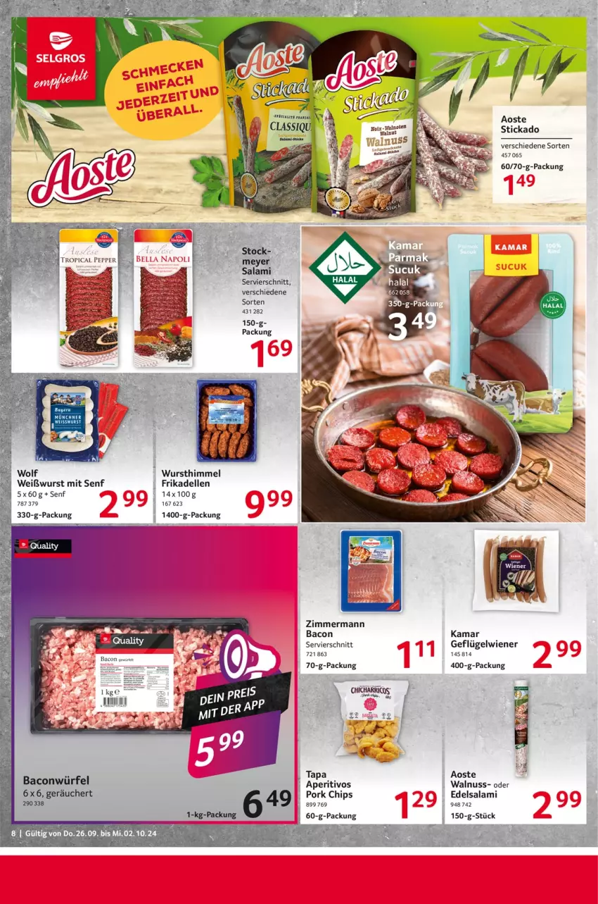 Aktueller Prospekt Selgros - Food - von 26.09 bis 02.10.2024 - strona 8 - produkty: aoste stickado, bacon, chips, dell, Edelsalami, elle, frikadellen, Geflügel, nuss, salami, senf, stickado, Ti, walnuss, Weißwurst, wiener, würfel, wurst