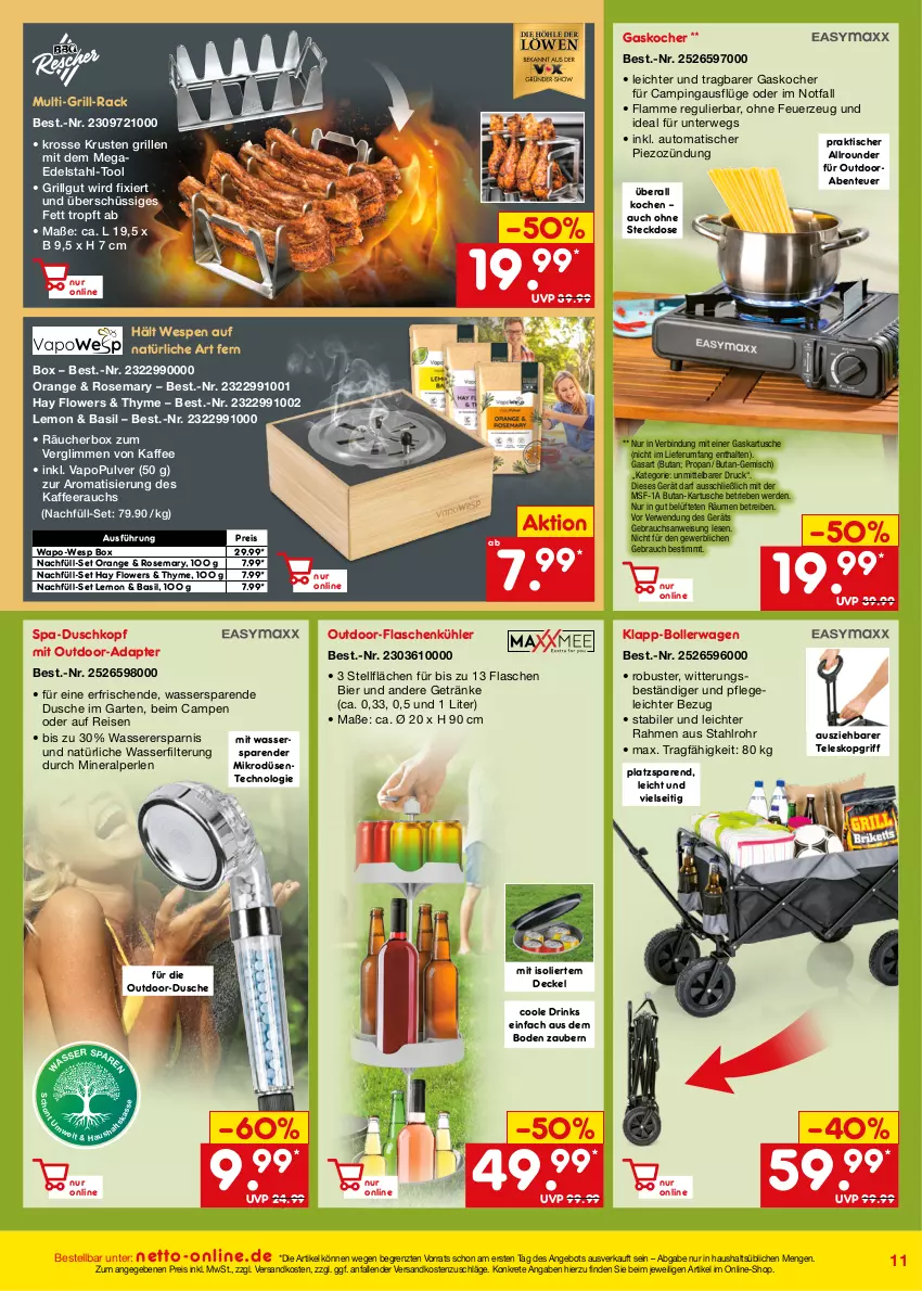 Aktueller Prospekt Netto Marken-Discount - Online-Angebote Juli - von 01.07 bis 31.07.2023 - strona 11 - produkty: adapter, angebot, auto, bier, bollerwagen, decke, Deckel, drink, drinks, dusche, edelstahl, eis, ente, erde, Feuerzeug, flasche, Flowers, Garten, getränk, getränke, grill, kaffee, Kocher, lamm, LG, ndk, orange, perlen, Rauch, reis, rum, rwe, steckdose, Teleskop, Ti, tisch, wasser, wasserfilter, ZTE