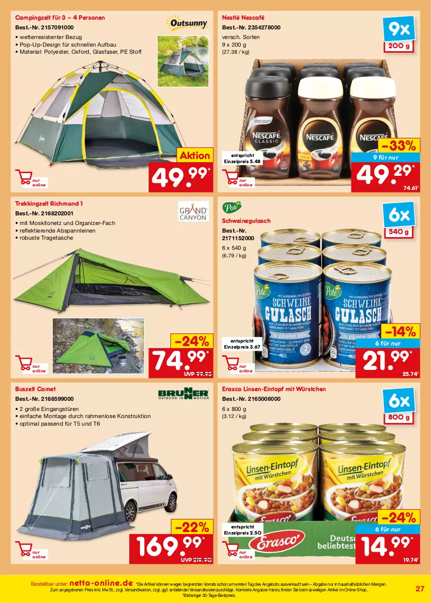 Aktueller Prospekt Netto Marken-Discount - Online-Angebote Juli - von 01.07 bis 31.07.2023 - strona 27 - produkty: angebot, Bau, bestpreis, eintopf, eis, elle, ente, erasco, gulasch, leine, linsen, linsen-eintopf, mit würstchen, moskitonetz, ndk, Nescafé, nestlé, reis, Ria, schwein, schweine, schweinegulasch, Tasche, Ti, Tiere, topf, tragetasche, Trekkingzelt, wein, weine, würstchen, Zelt, ZTE