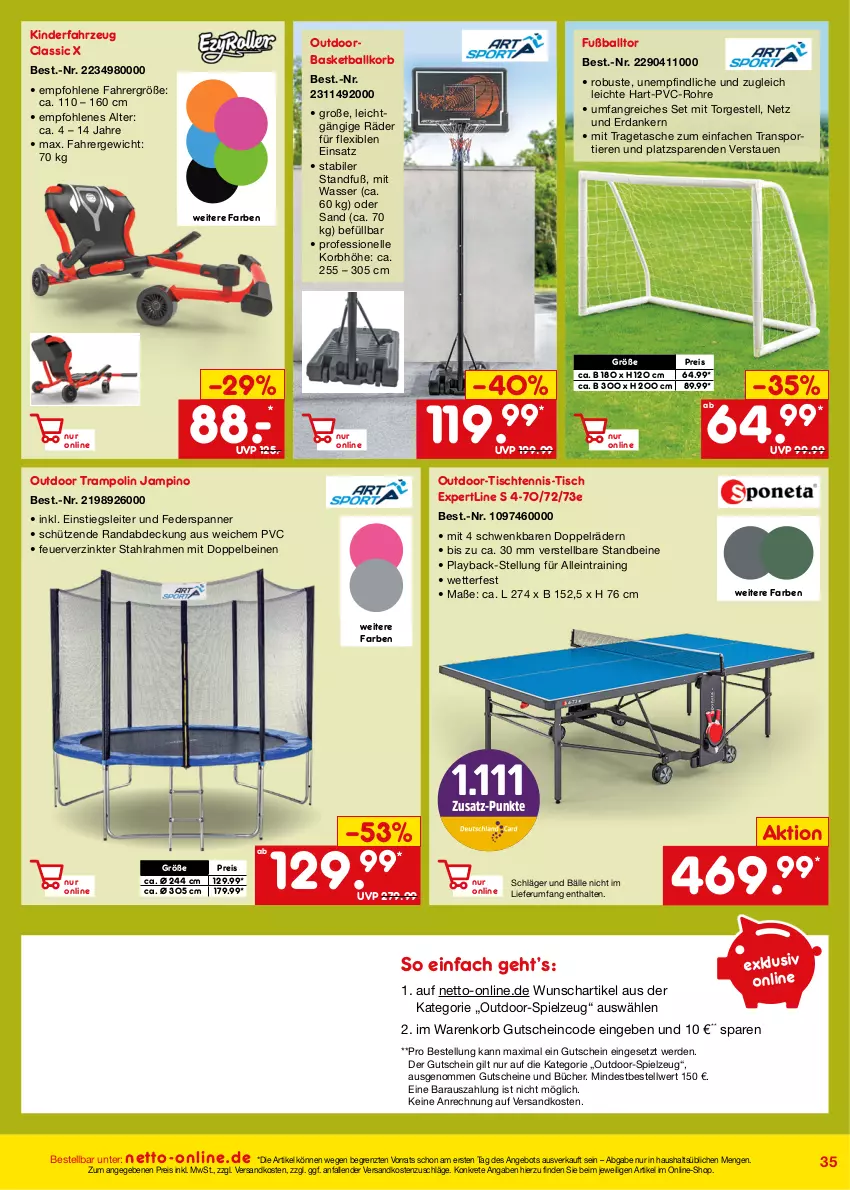 Aktueller Prospekt Netto Marken-Discount - Online-Angebote Juli - von 01.07 bis 31.07.2023 - strona 35 - produkty: angebot, ball, eis, elle, erde, Fußball, gutschein, gutscheine, Kinder, korb, ndk, reis, rum, spielzeug, Sport, Tasche, Ti, Tiere, tisch, tragetasche, Trampolin, wasser, ZTE